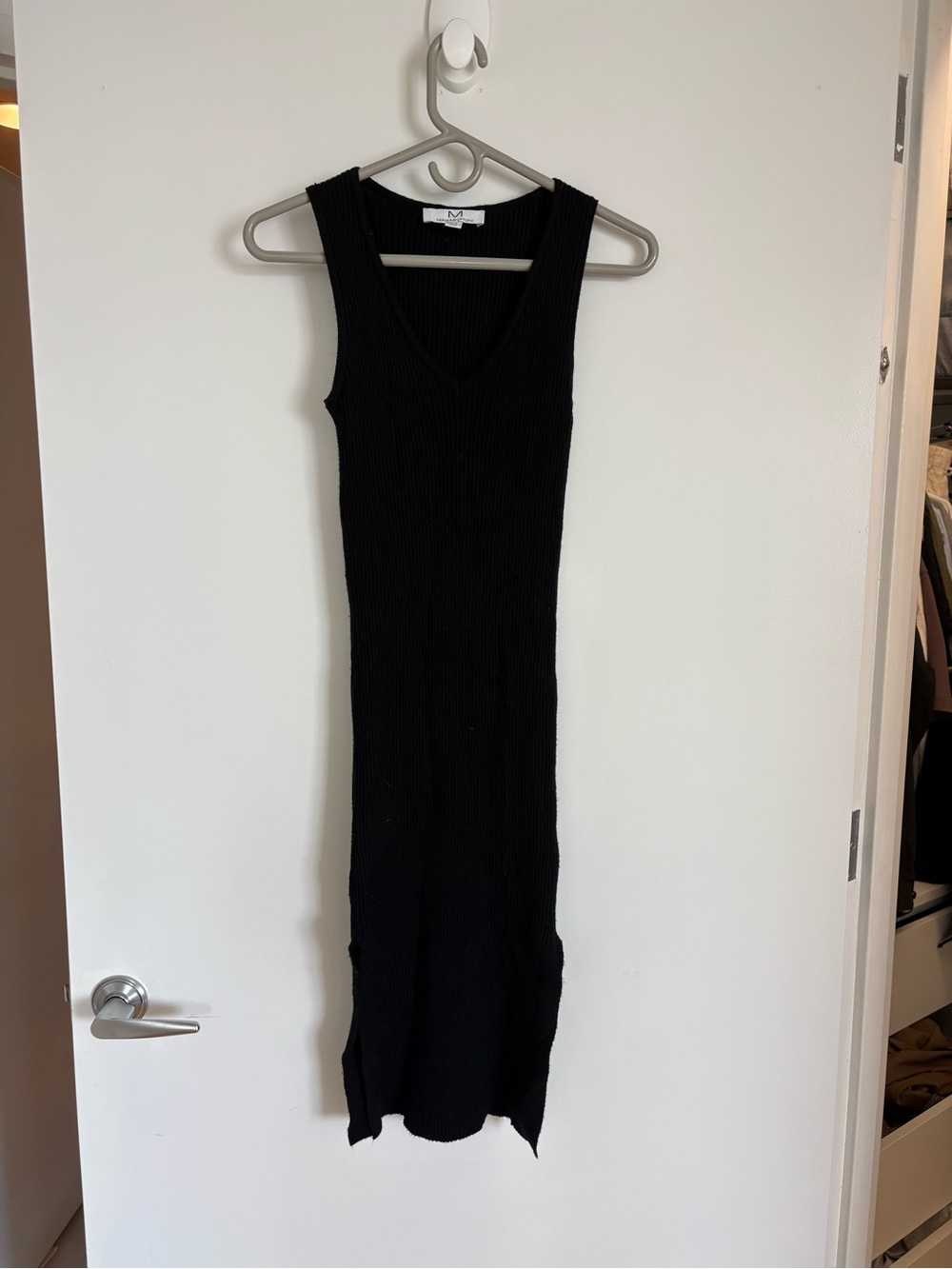 Magaschoni Black Ribbed V-Neck Sleeveless Midi Dress